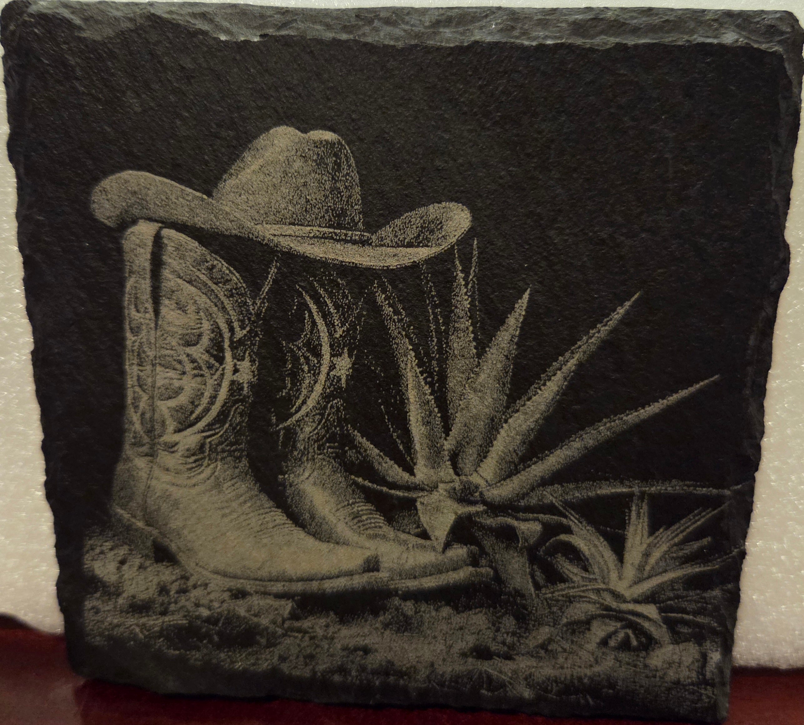 Slate Coaster - Cowboy Boots and Hat with Cactus