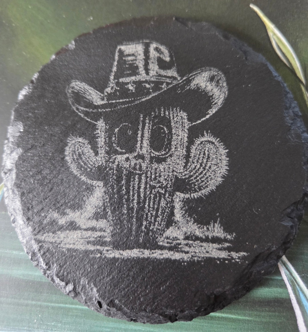 Slate Coasters - Cute Cactus wearing Cowboy Hat