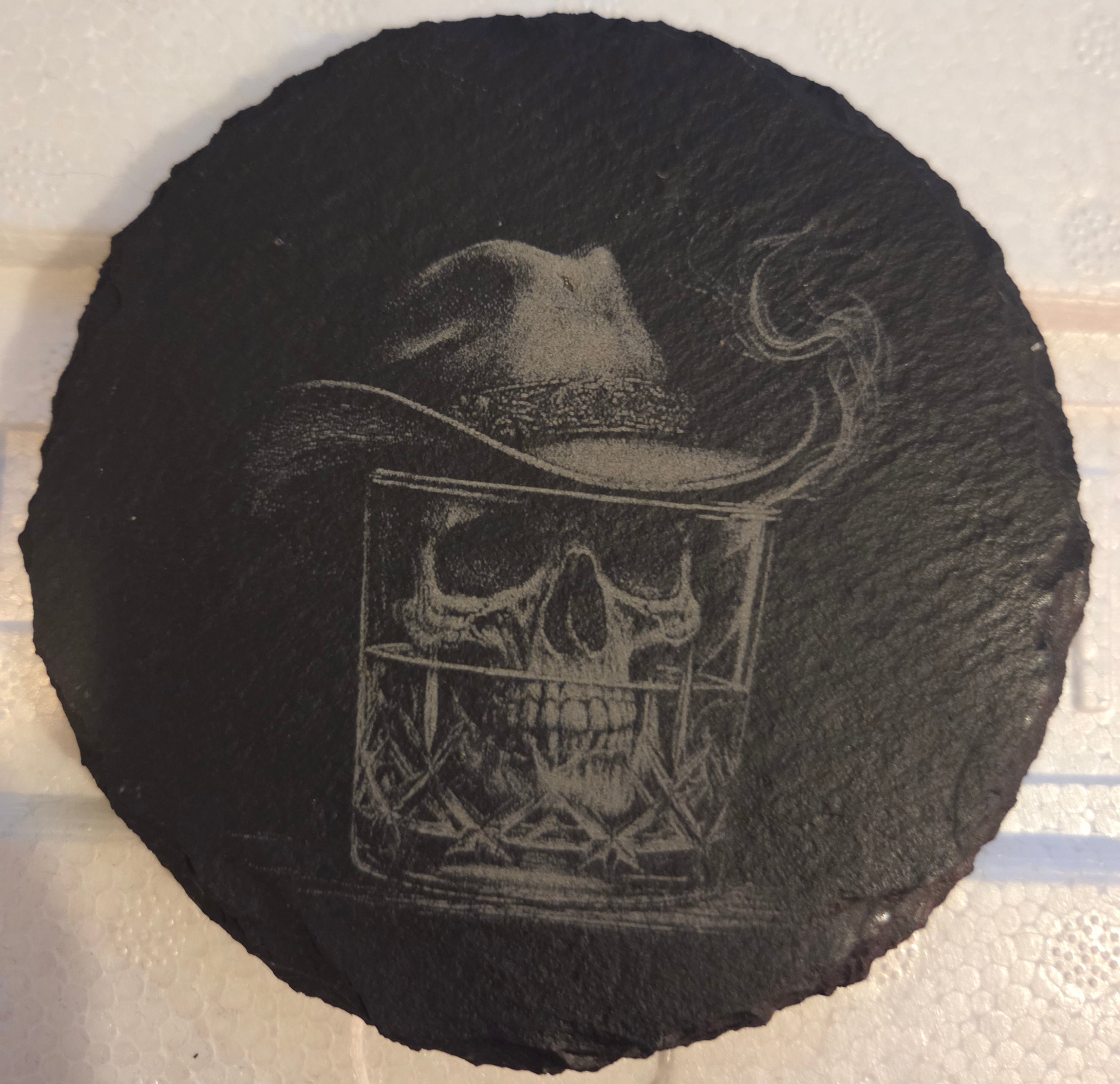 Slate Coaster - Glass with a skull wearing Cowboy Hat