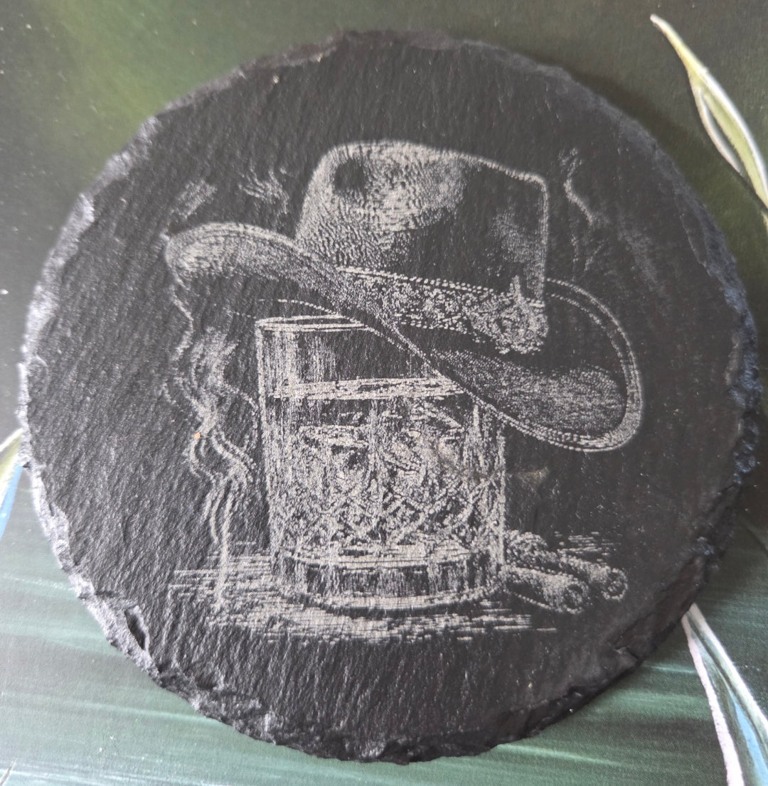 Slate Coaster - whiskey glass with a cowboy hat