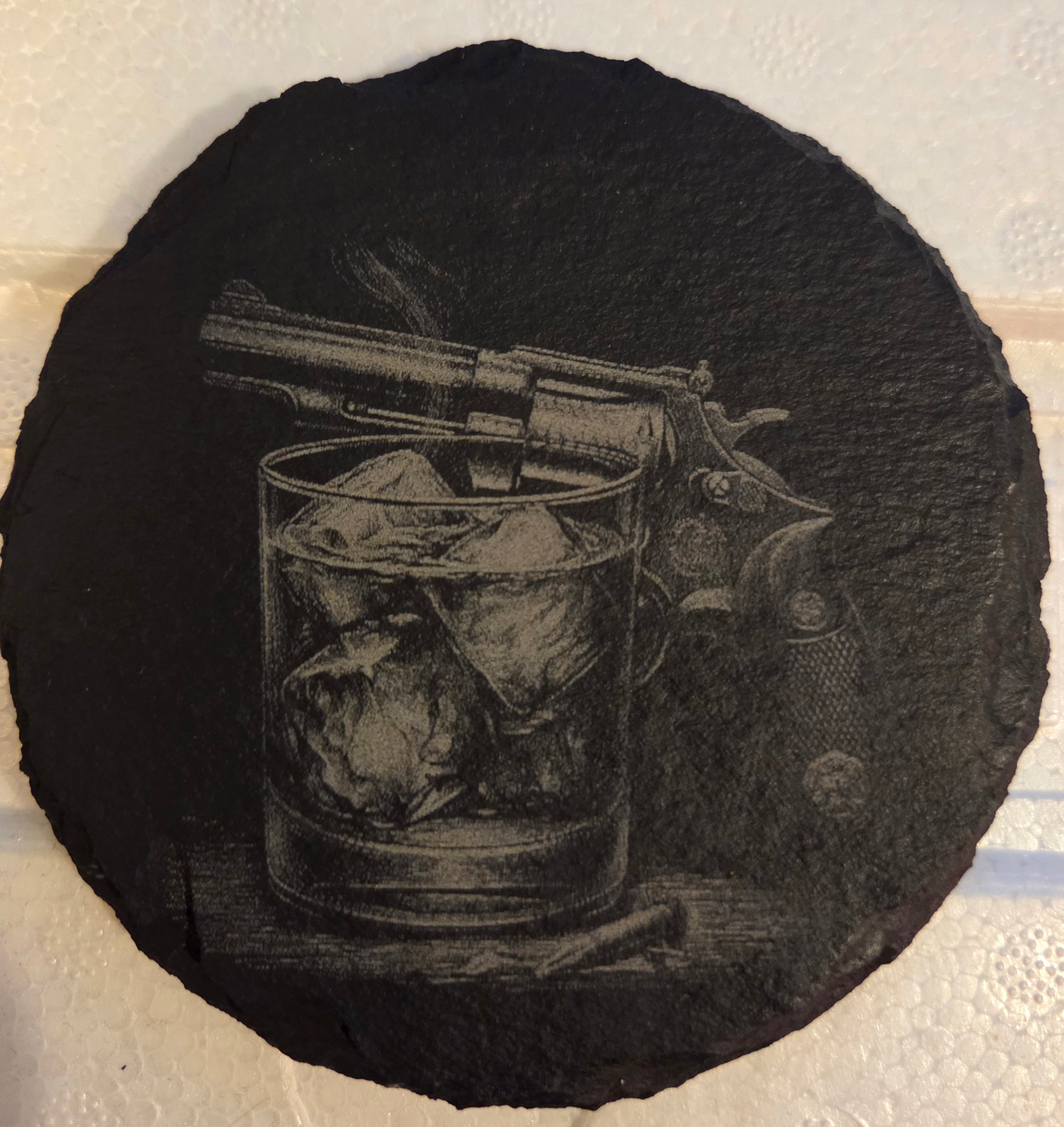 Slate Coaster - Glass with gun