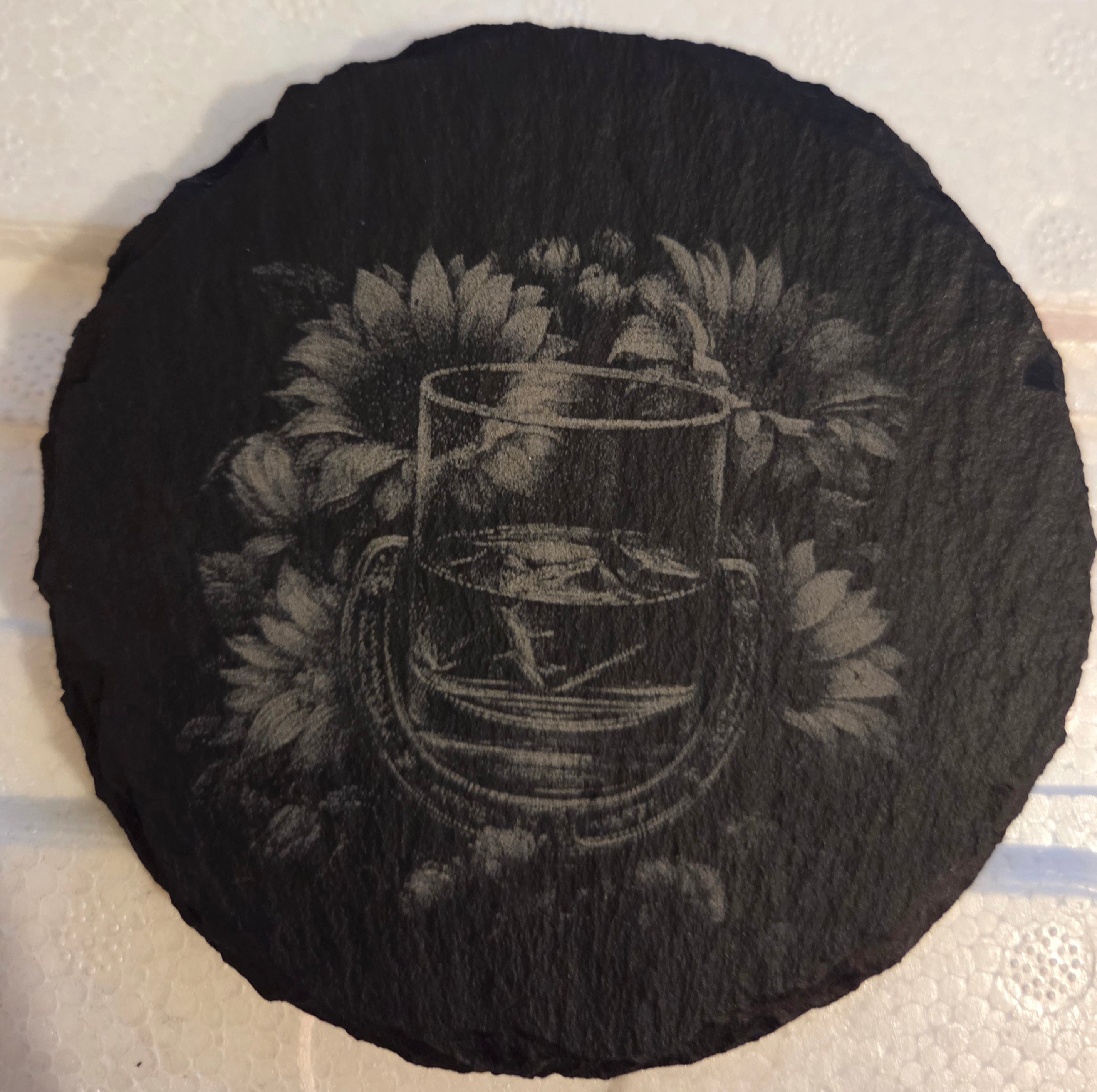 Slate Coaster - Glass with horseshoe and sunflowers