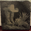 Slate Coaster - Cowboy boots and hat with cactus