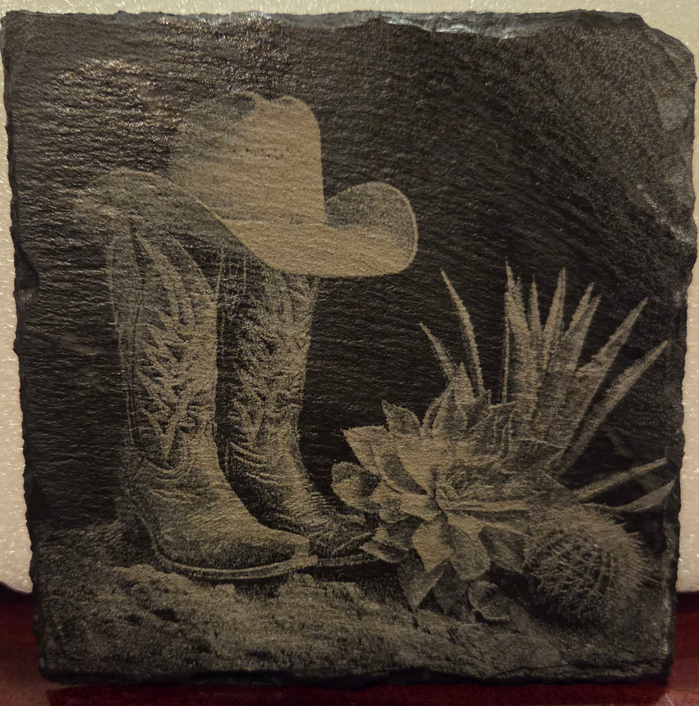 Slate Coaster - Cowboy boots and hat with cactus