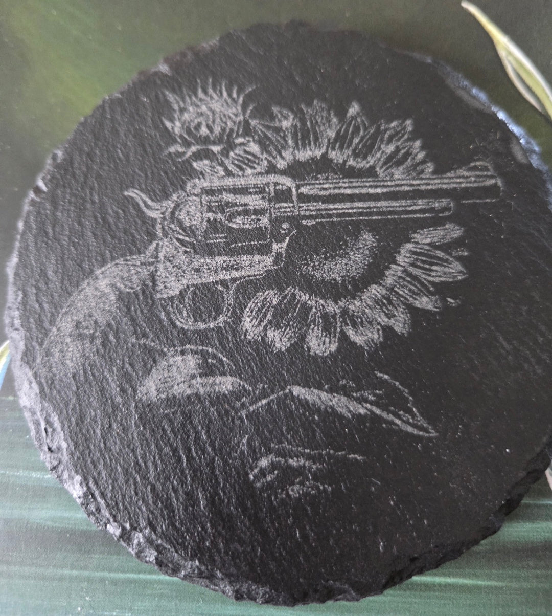 Slate Coaster - Gun with sunflower
