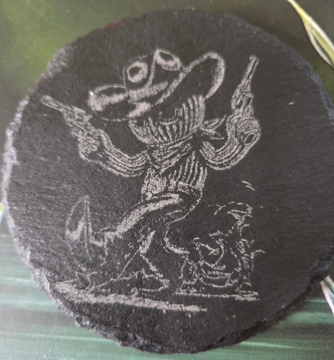 Slate Coaster - Cute cowboy cactus with guns walking