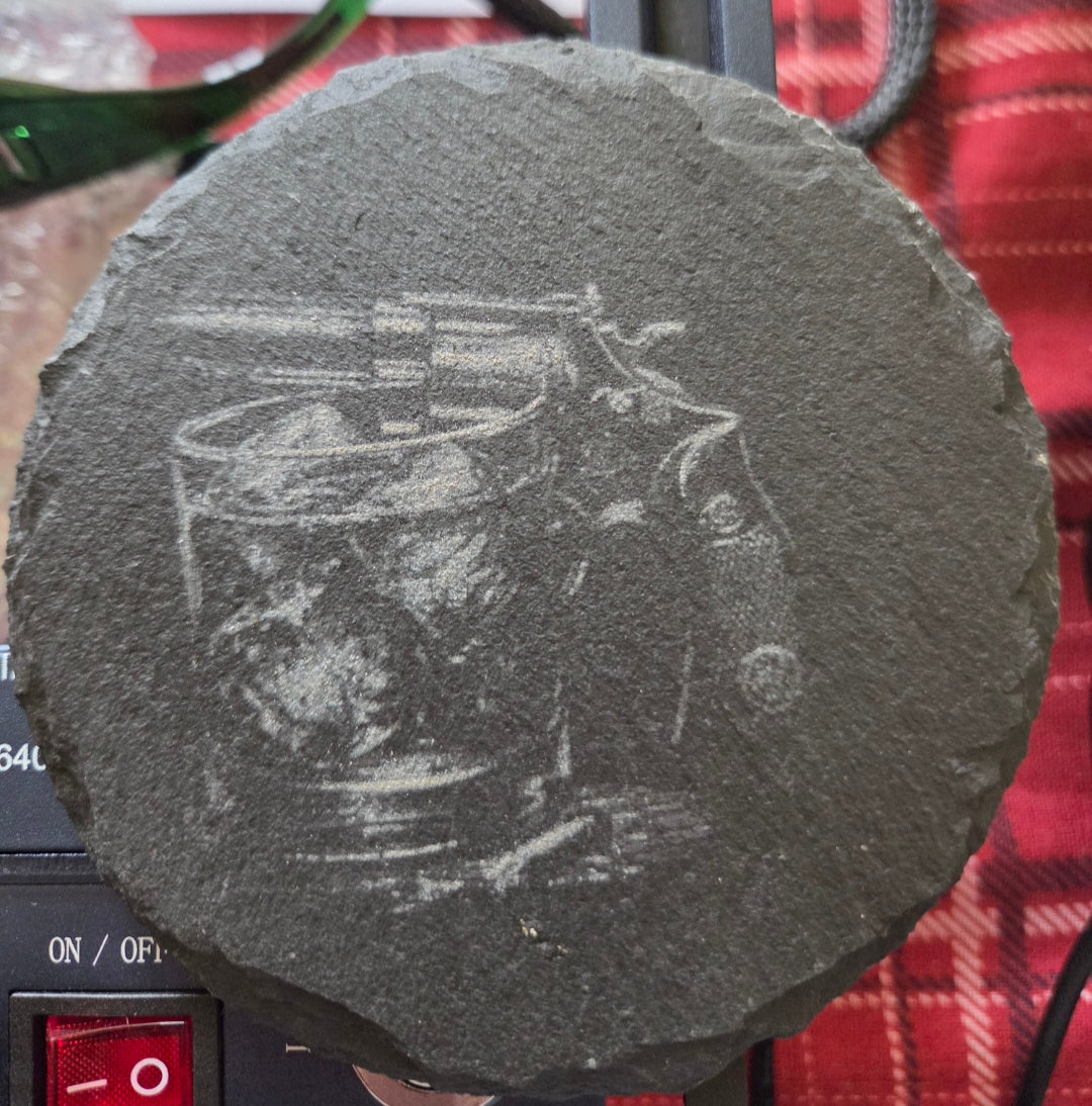 Slate Coaster - glass and gun